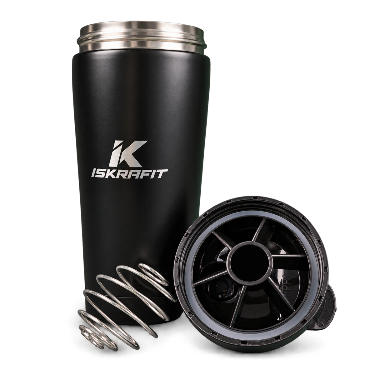 Shaker térmico negro ISKRAFIT abierto con bola mezcladora y tapa