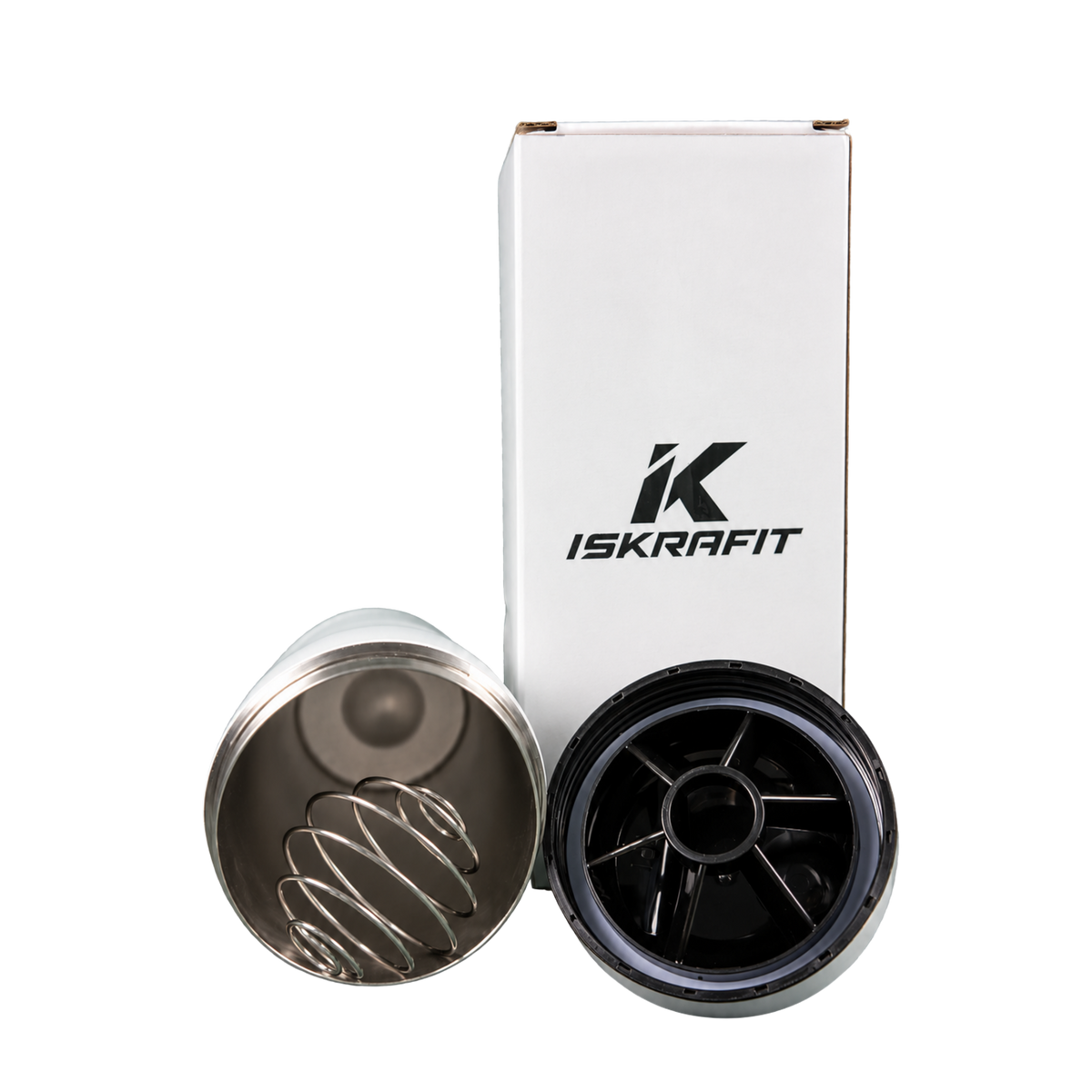 Interior del shaker térmico ISKRAFIT con tapa, bola mezcladora y caja