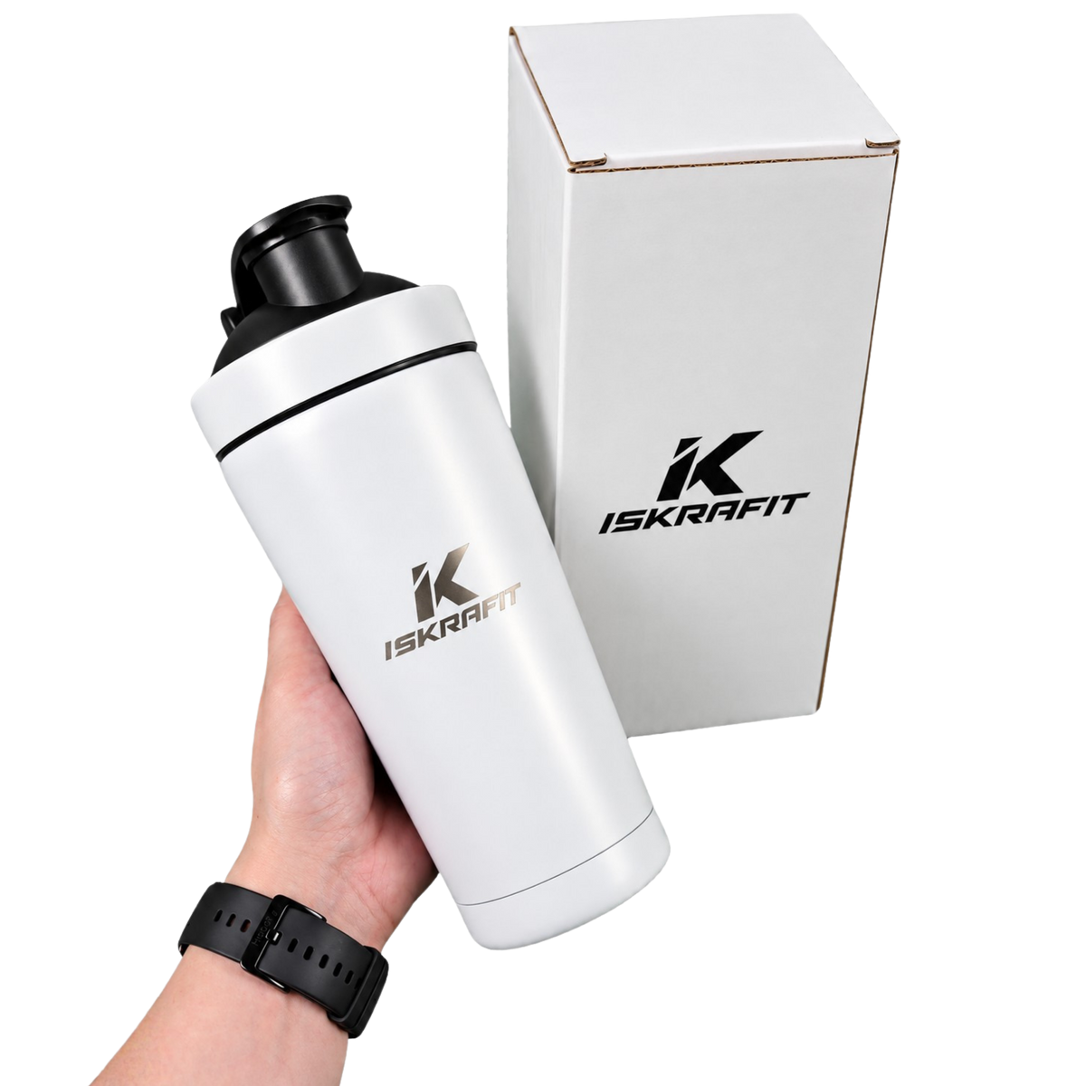 Shaker térmico blanco ISKRAFIT sostenido en la mano junto a su caja